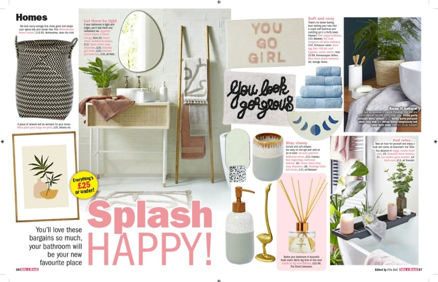 Picture shows a double page spread from the magazine Take a Break where The Shed Collection's Cassis & Fig reed diffuser was featured as an affordable way to spruce up your bathroom