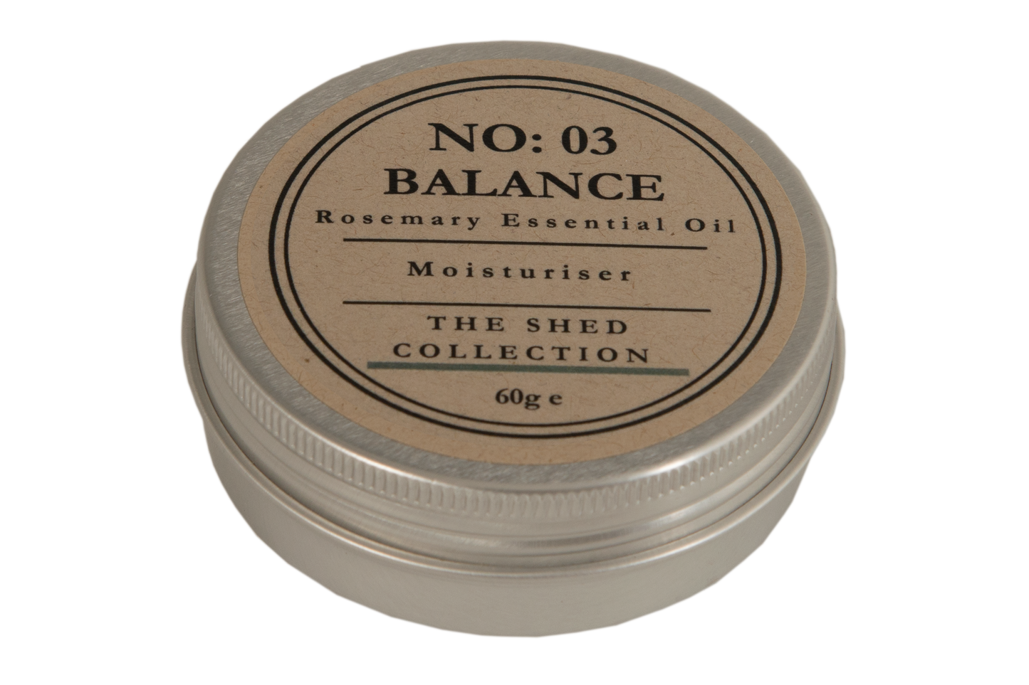 A round silver metal tin of moisturizer with a beige paper label reading 'NO: 03 BALANCE Rosemary Essential Oil Moisturiser' and 'THE SHED COLLECTION' on a white background.
