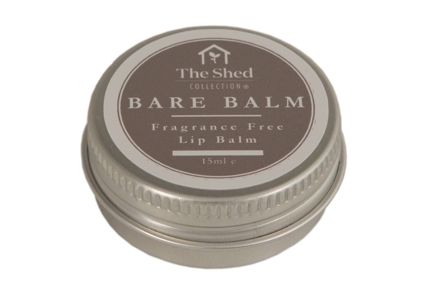A small round metal tin of Bare Balm Fragrance Free Lip Balm by The Shed Collection, featuring a brown and beige label on a white background.