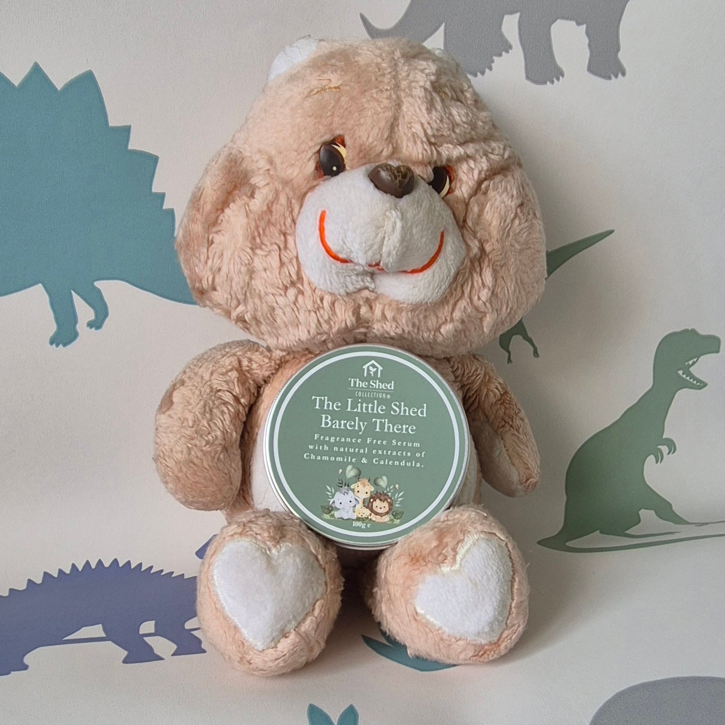 A plush teddy bear toy holding a round tin label that reads 'The Little Shed Barely There' and set against a wall with dinosaur silhouettes.