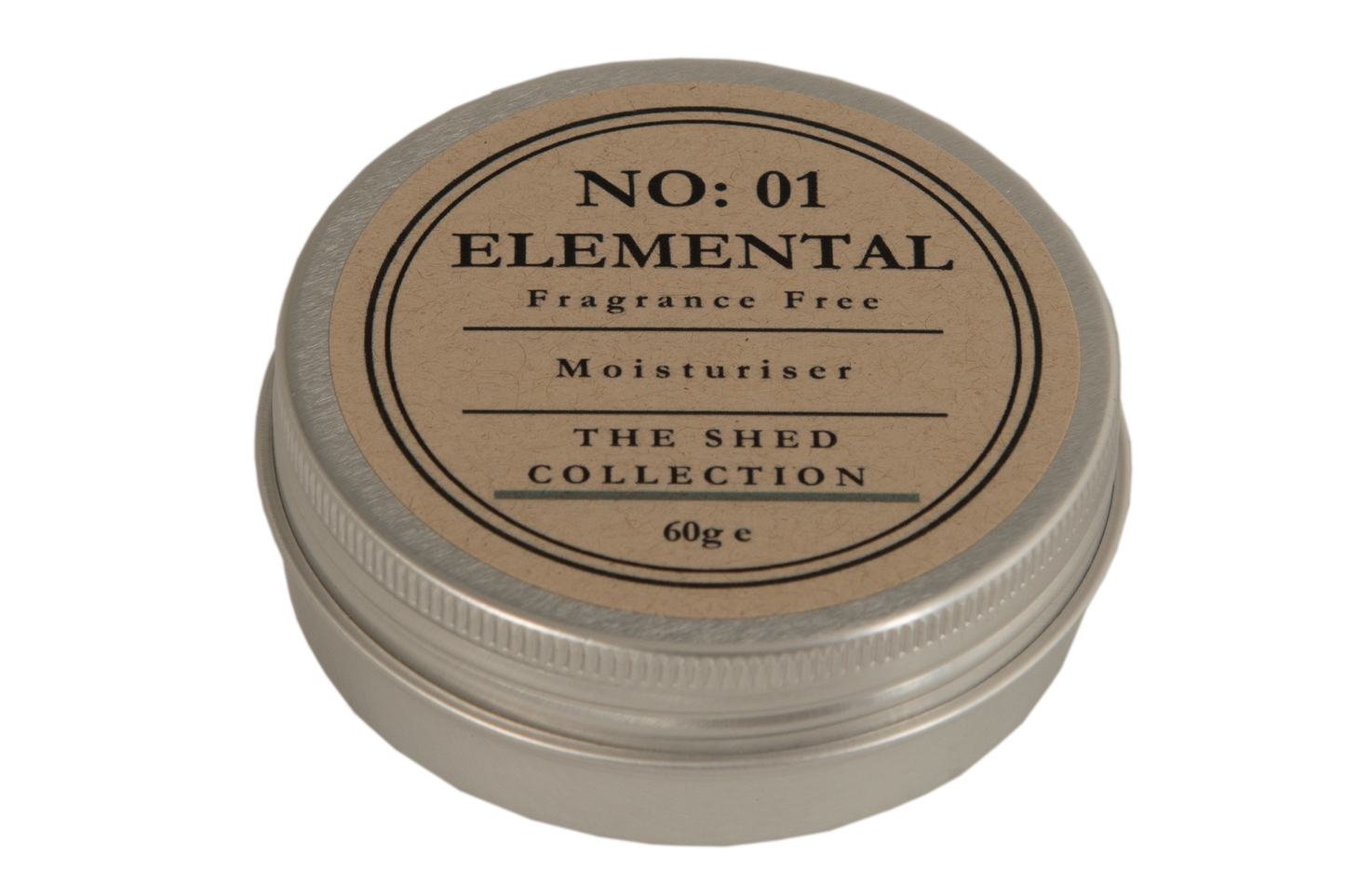 A round silver metal tin of 'Elemental' moisturizer by 'The Shed Collection' with a kraft paper label, shown on a plain white background.