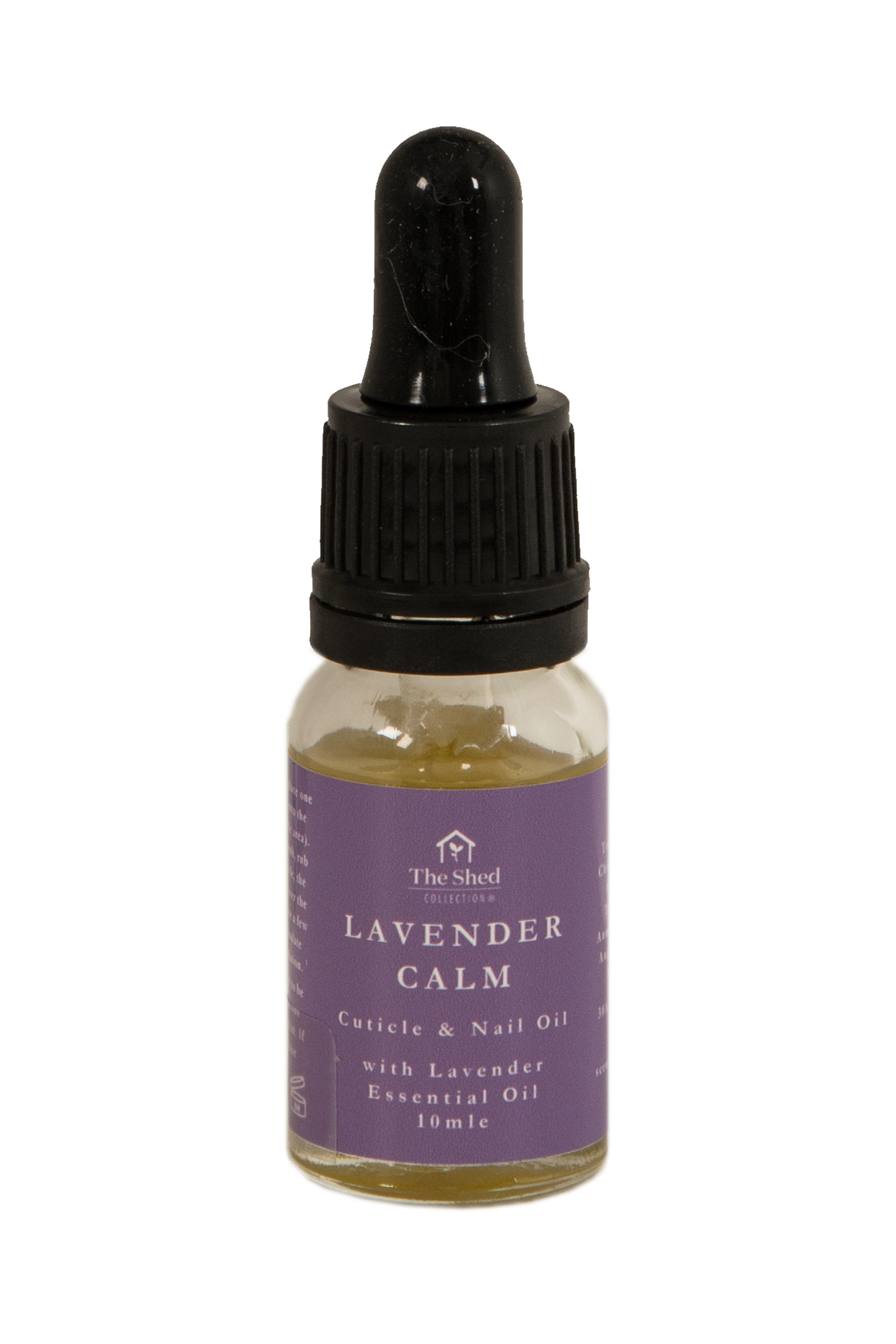 A 10ml glass dropper bottle of 'Lavender Calm' essential oil cuticle and nail oil by The Shed Collection, featuring a purple label and a black dropper cap on a white background.