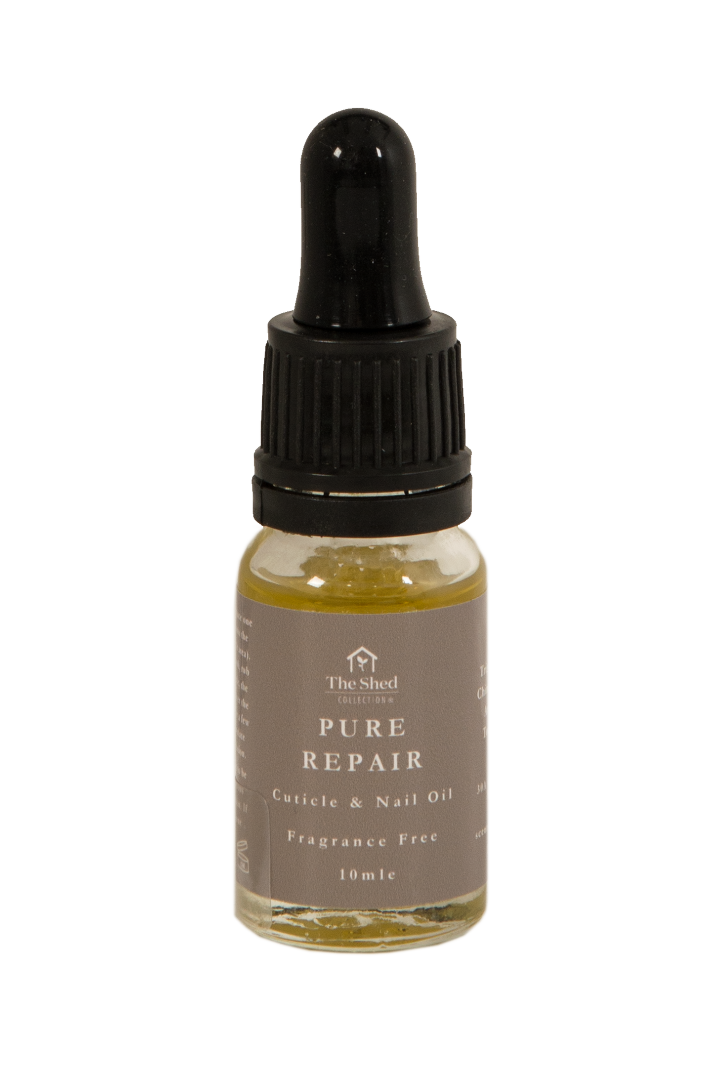 A 10ml dropper bottle of Pure Repair, the fragrance free cuticle & nail oil from The Shed Collection
