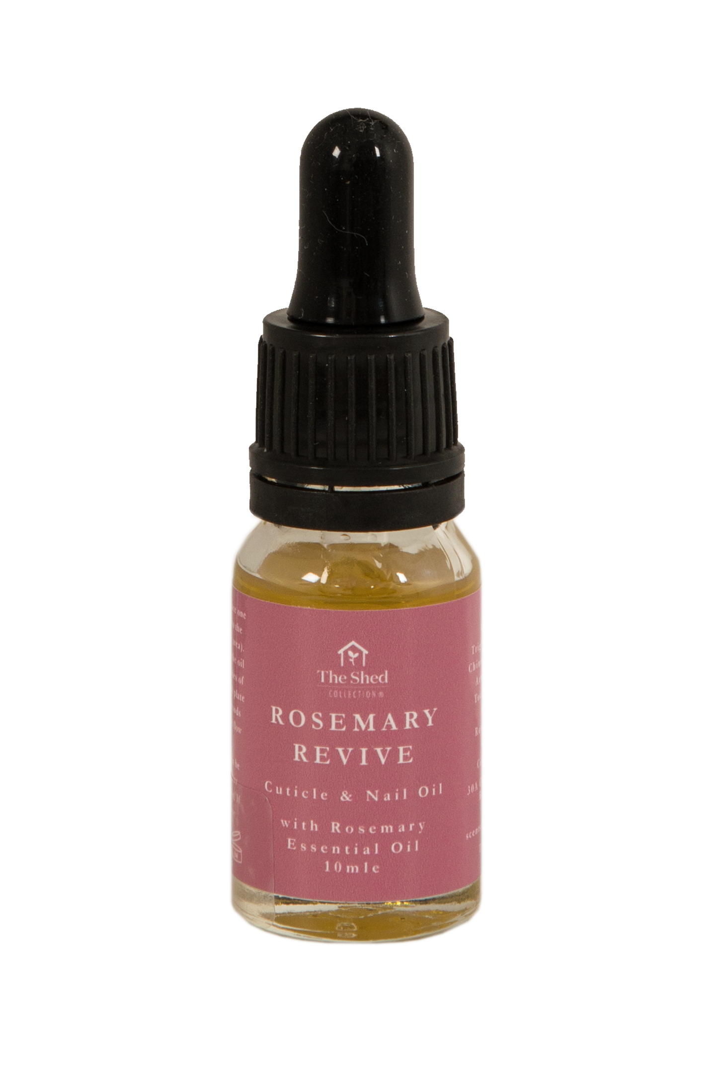 A 10ml bottle of Rosemary Revive Cuticle & Nail Oil by The Shed Apothecary, featuring a pink label and a black dropper cap, set against a plain white background.