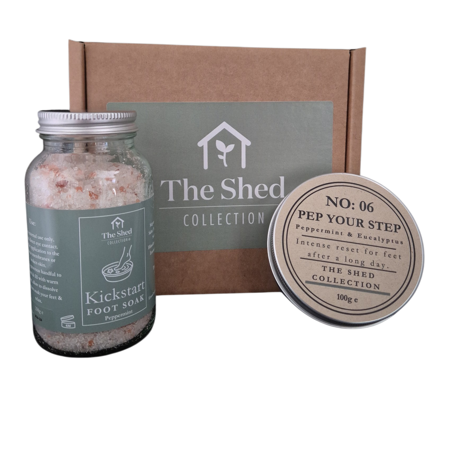 Foot soak jar, foot powder container, and box labeled 'The Shed Collection' on a white background