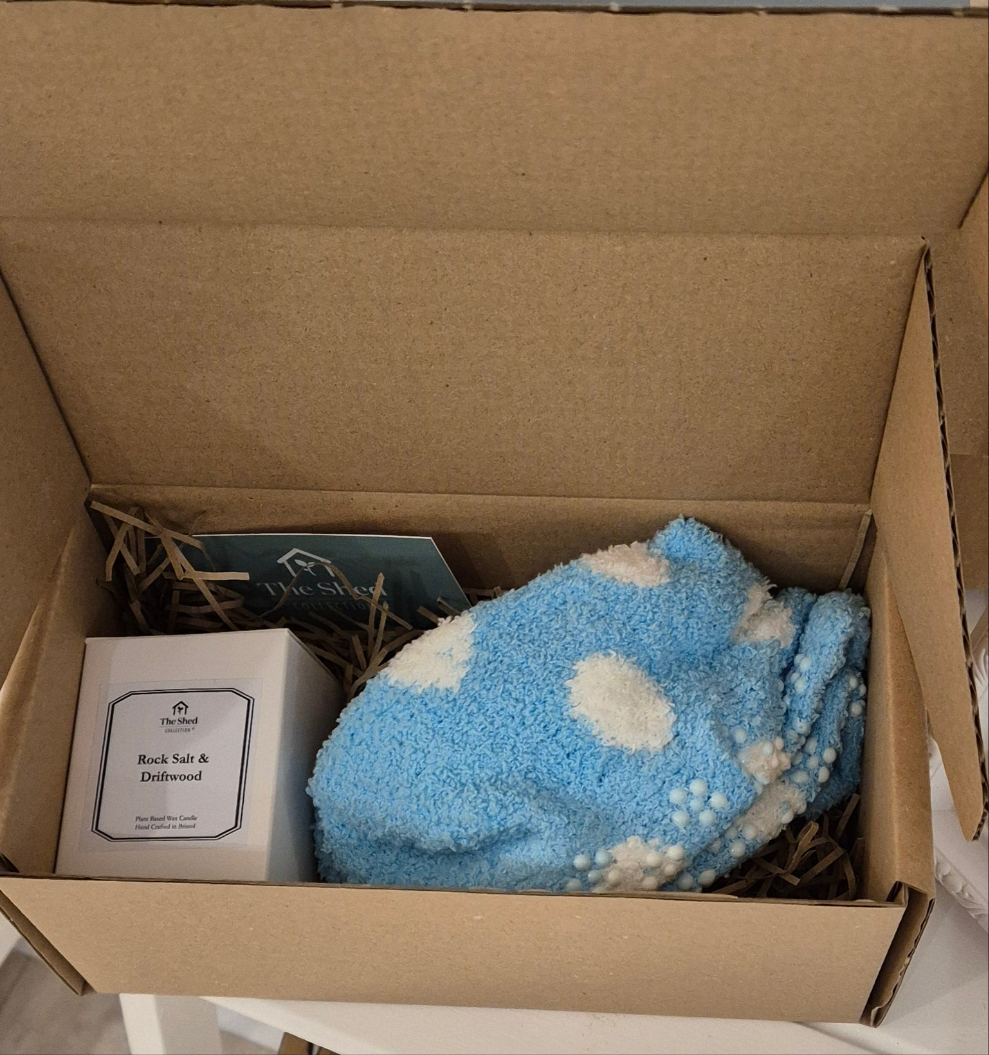 Rock Salt & Driftwood Hand Crafted Candle & Slipper Socks Gift Box