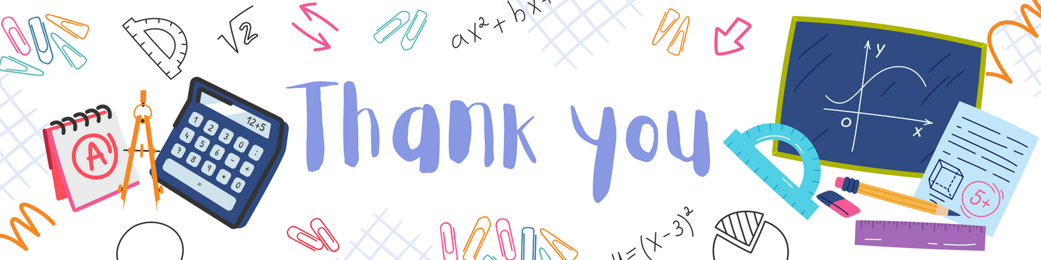 Educational-themed banner with 'Thank you' text, calculator, chalkboard, and various school supplies on a white background.