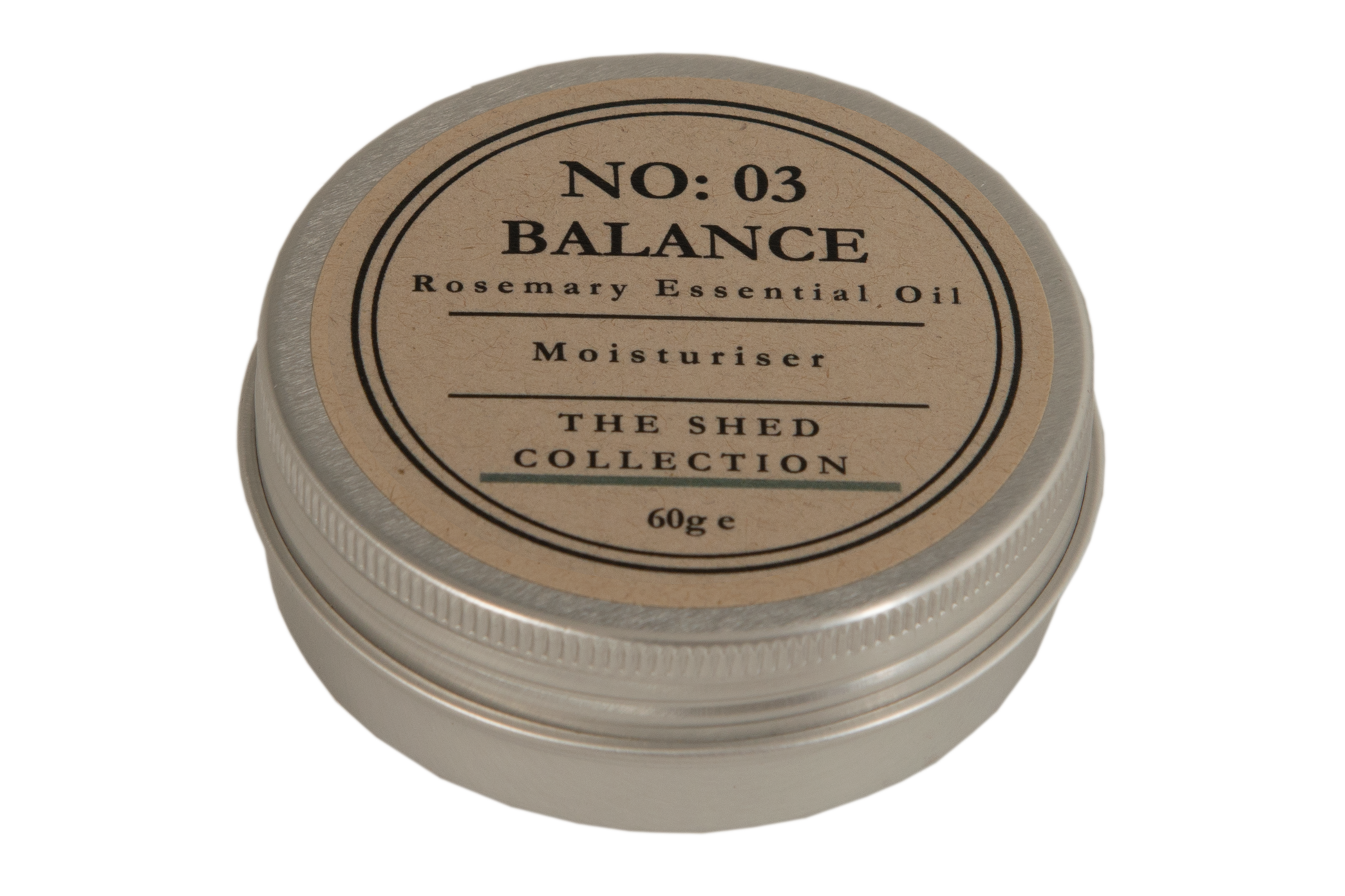 A round silver metal tin of moisturizer with a beige paper label reading 'NO: 03 BALANCE Rosemary Essential Oil Moisturiser' and 'THE SHED COLLECTION' on a white background.