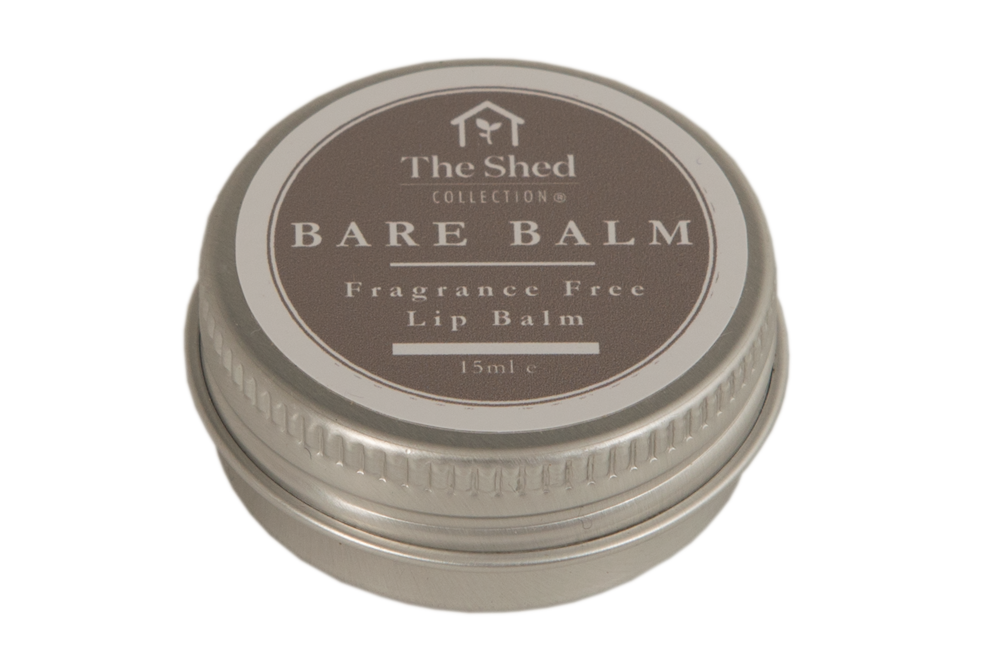 A small round metal tin of Bare Balm Fragrance Free Lip Balm by The Shed Collection, featuring a brown and beige label on a white background.