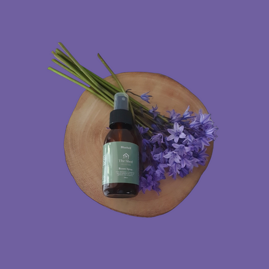 Picture shows The Shed Collection's vegan friendly Bluebell room spray in a brown glass bottle with black spray lid sitting on a log slice surrounded by a bunch of Bluebells freshly picked from their Bristol garden.