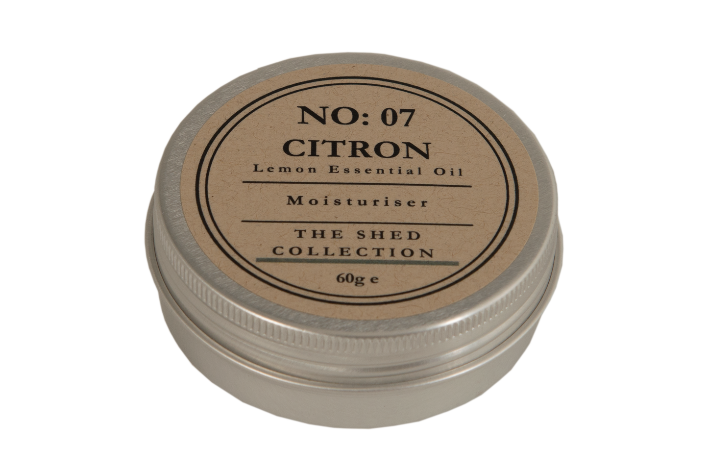 A round metal tin of 'Citron' Lemon Essential Oil Moisturiser by The Shed Collection, featuring a kraft paper label and silver screw-on lid, set against a plain white background.