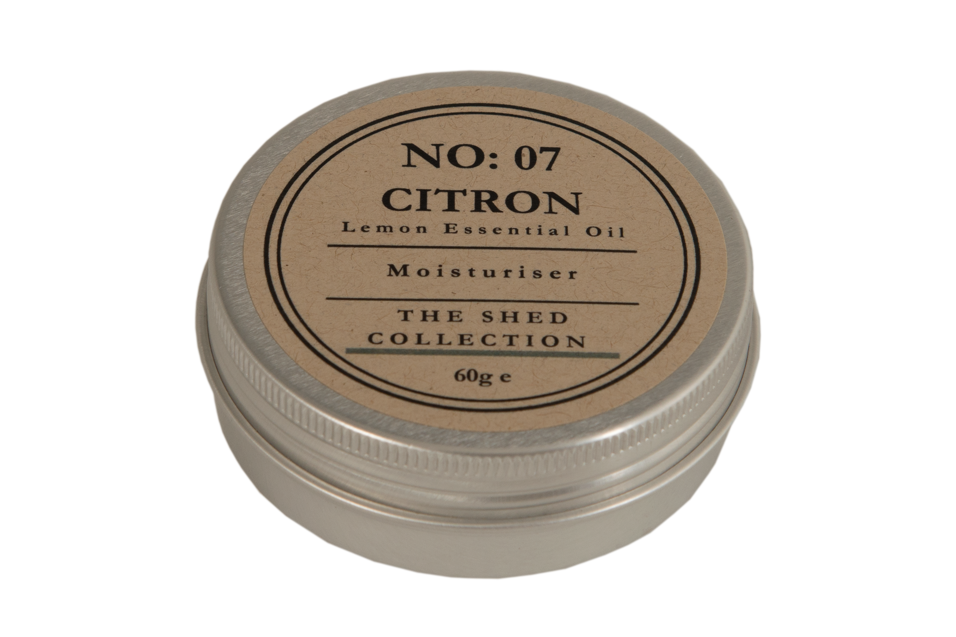 A round metal tin of 'Citron' Lemon Essential Oil Moisturiser by The Shed Collection, featuring a kraft paper label and silver screw-on lid, set against a plain white background.