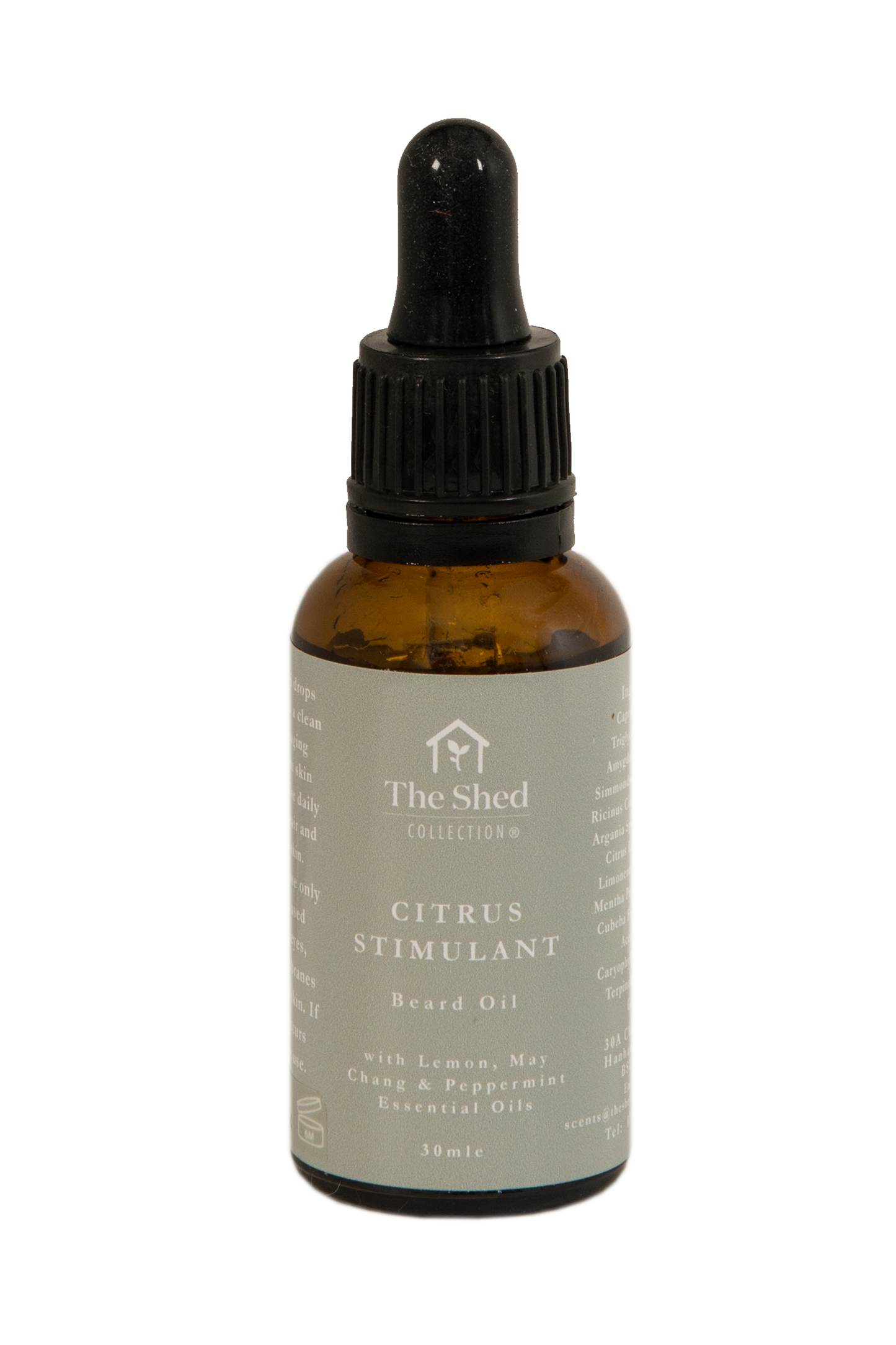 A 30ml amber glass dropper bottle of  Citrus Stimulant, Lemon, May Chang, and Peppermint beard oil by The Shed Collection, featuring a black dropper cap and a light green label with citrus stimulant scent details.