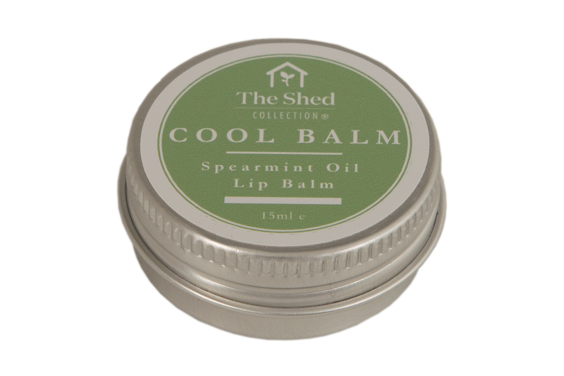A round metal tin of The Shed Collection Cool Balm Spearmint Oil Lip Balm, featuring a sage green and white label on a clean white background.