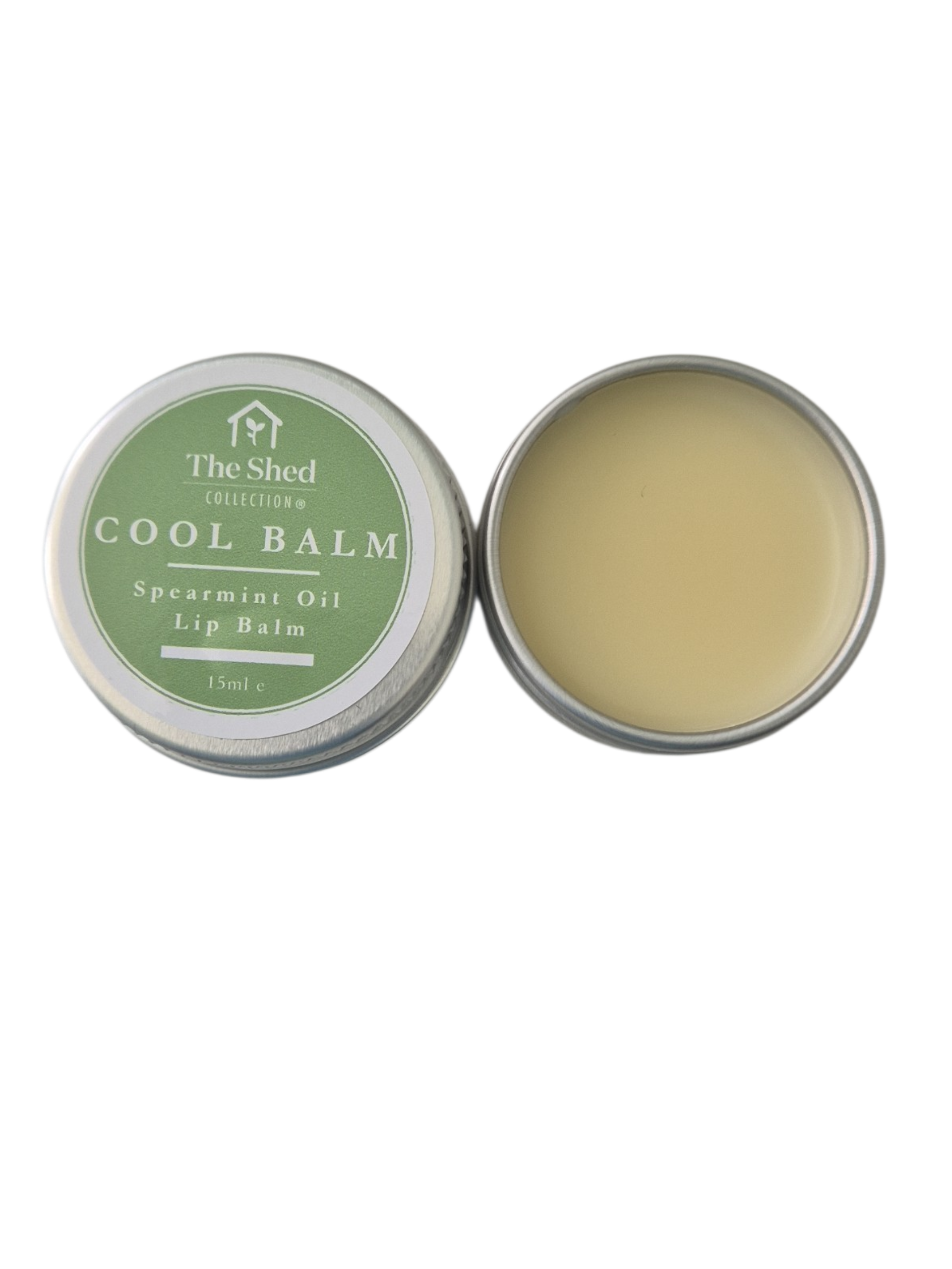 Lip balm tin labeled 'Cool Balm' with spearmint oil on a white background