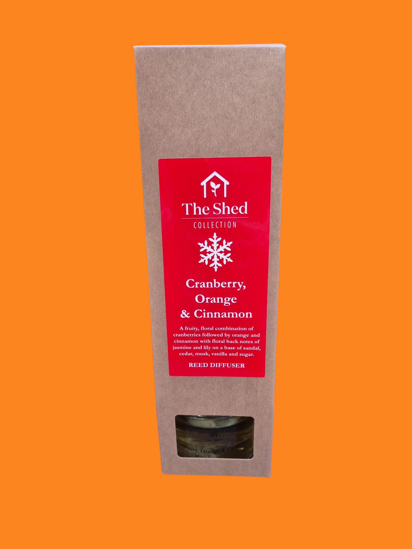 Packaged product with 'The Shed Collection' label on an orange background