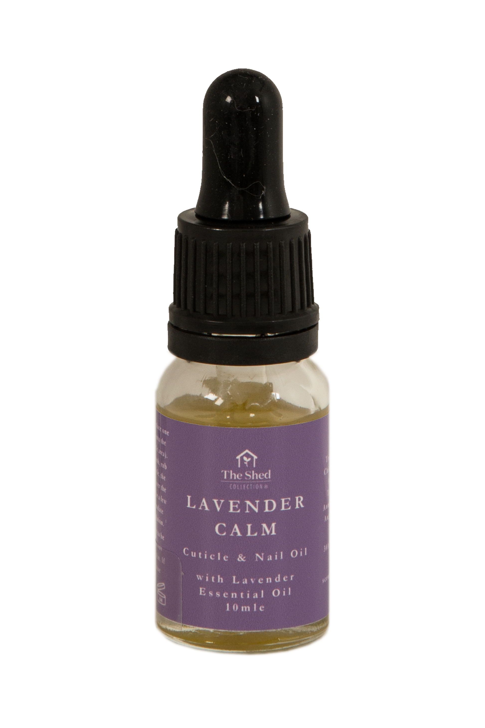 A 10ml glass dropper bottle of 'Lavender Calm' essential oil cuticle and nail oil by The Shed Collection, featuring a purple label and a black dropper cap on a white background.