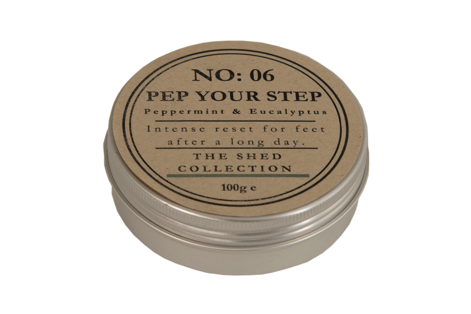 A round metal tin of Peppermint & Eucalyptus foot reset balm by The Shed Collection, featuring a kraft paper label with black text.