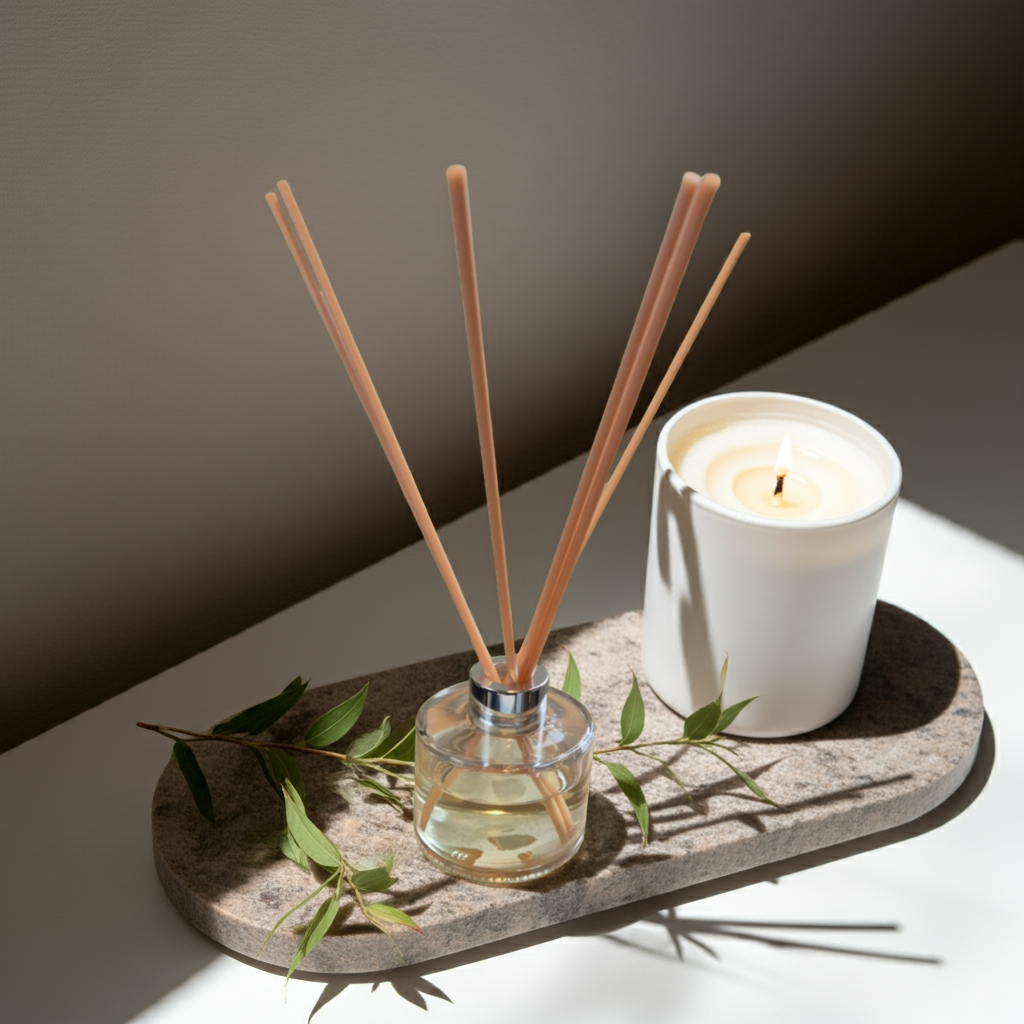 Peppermint & Eucalyptus reed diffuser with a candle on a concrete tray with green foliage
