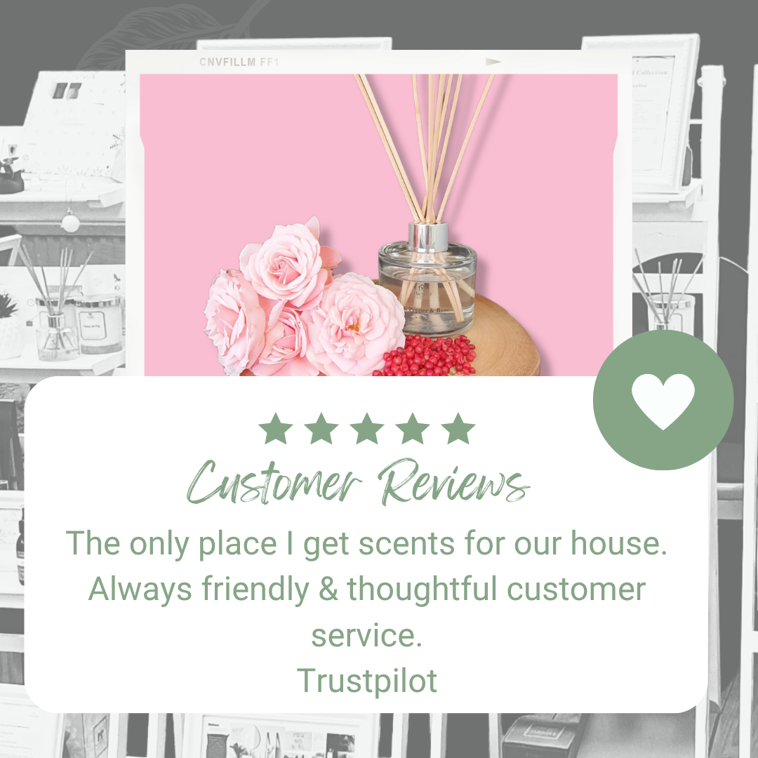 Diffuser with pink roses and reeds on a pink background with a Trustpilot customer review overlay.