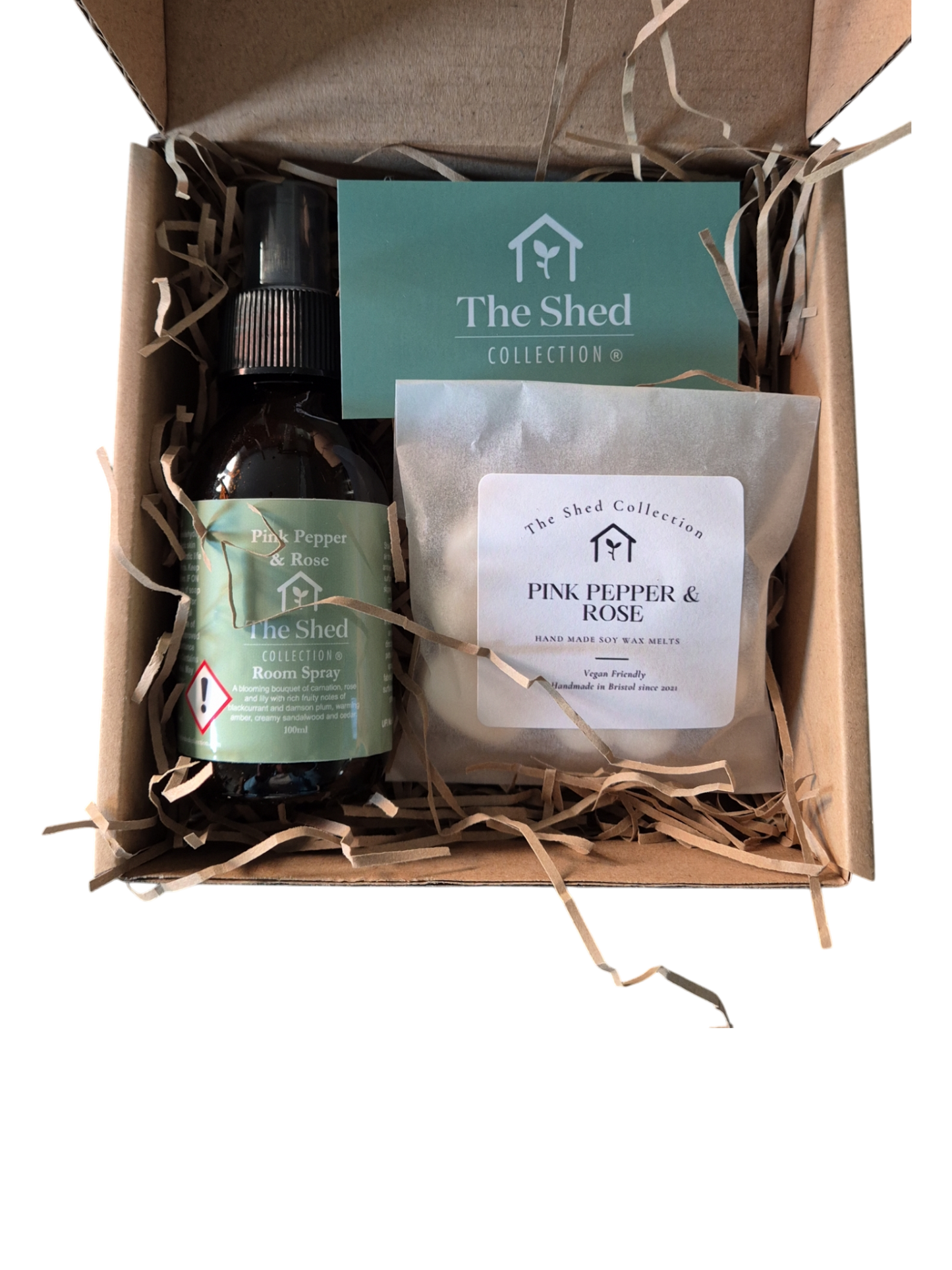 Gift box with a room spray & packet of wax melts with business card from The Shed Collection Bristol