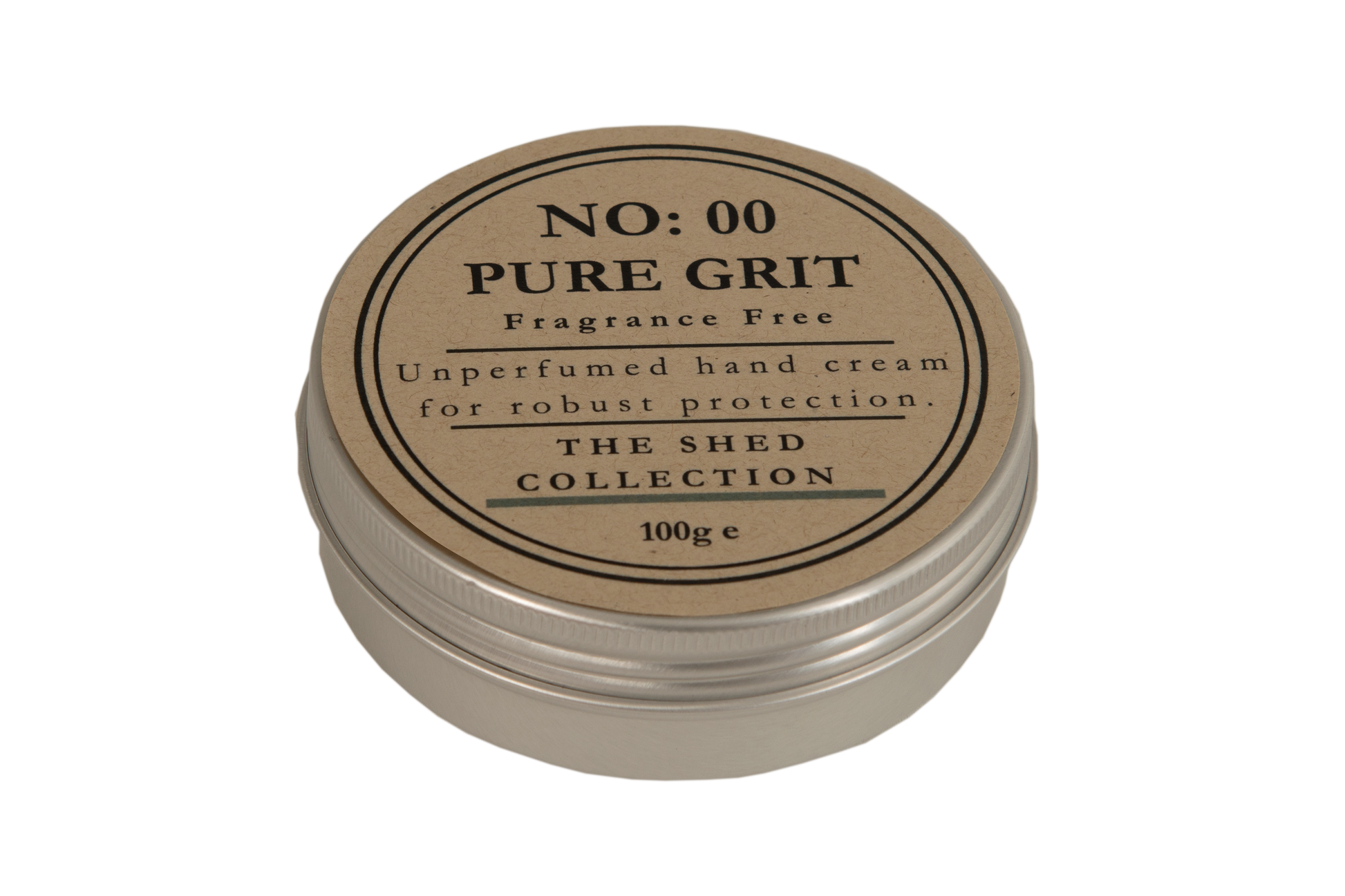A round silver metal tin of 'No. 00 Pure Grit' hand cream by The Shed Collection, featuring a kraft paper label on a white background.