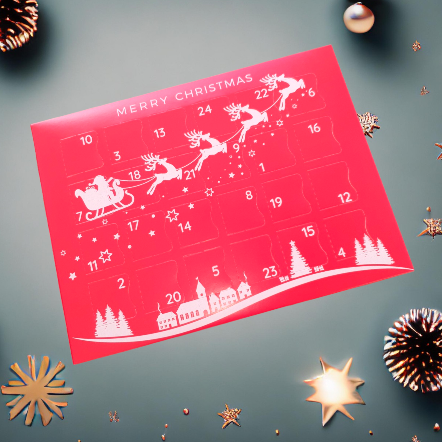 Red advent calendar with white reindeer and Santa Claus design, surrounded by Christmas decorations on a dark background.