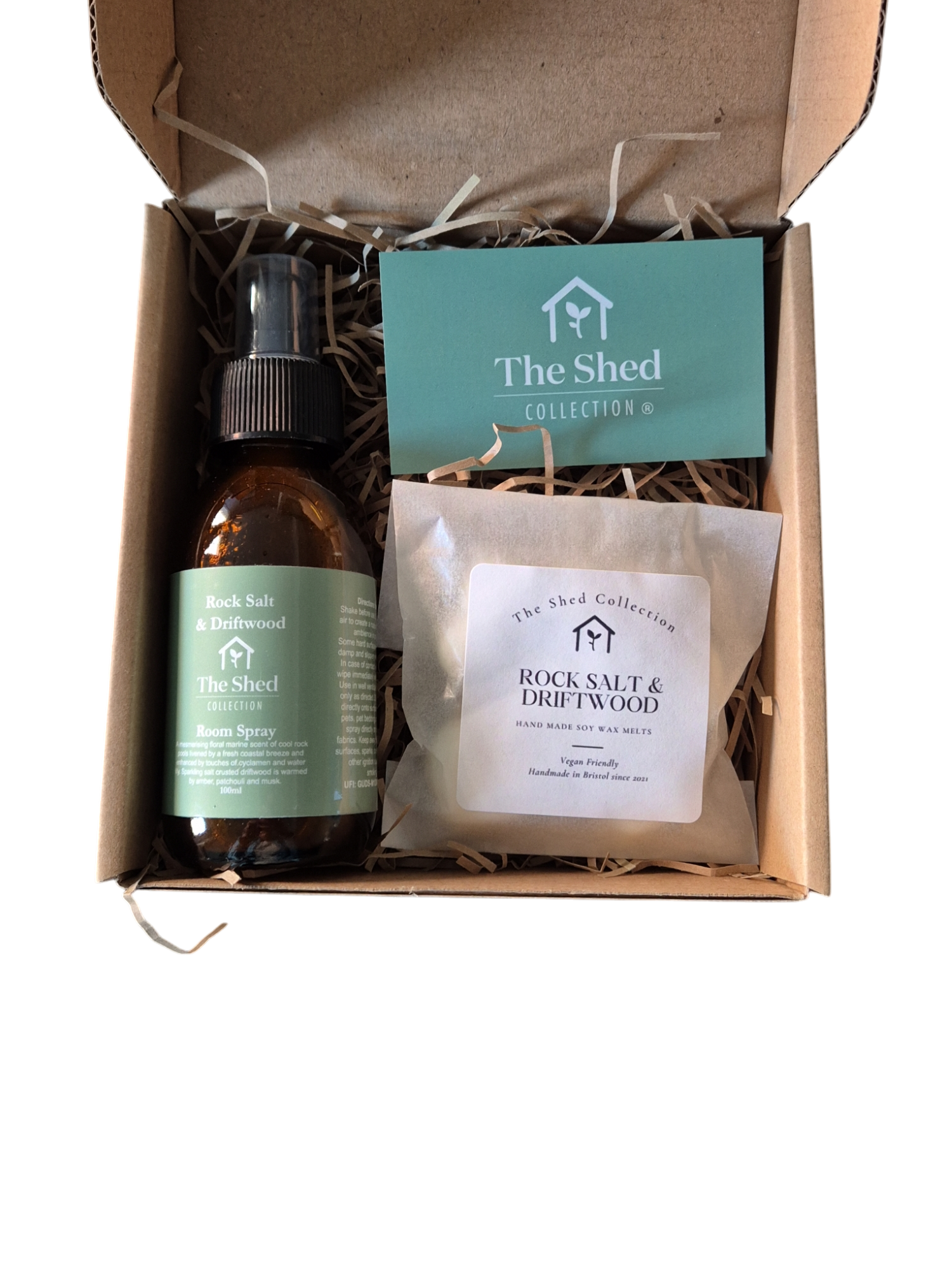 Gift box with a room spray & packet of wax melts with business card from The Shed Collection Bristol
