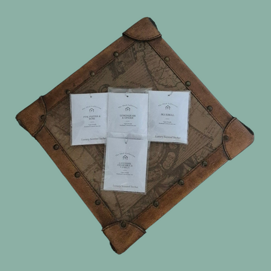 4 scented sachets on vintage box