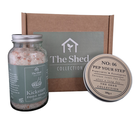 Foot soak jar, foot powder container, and box labeled 'The Shed Collection' on a white background