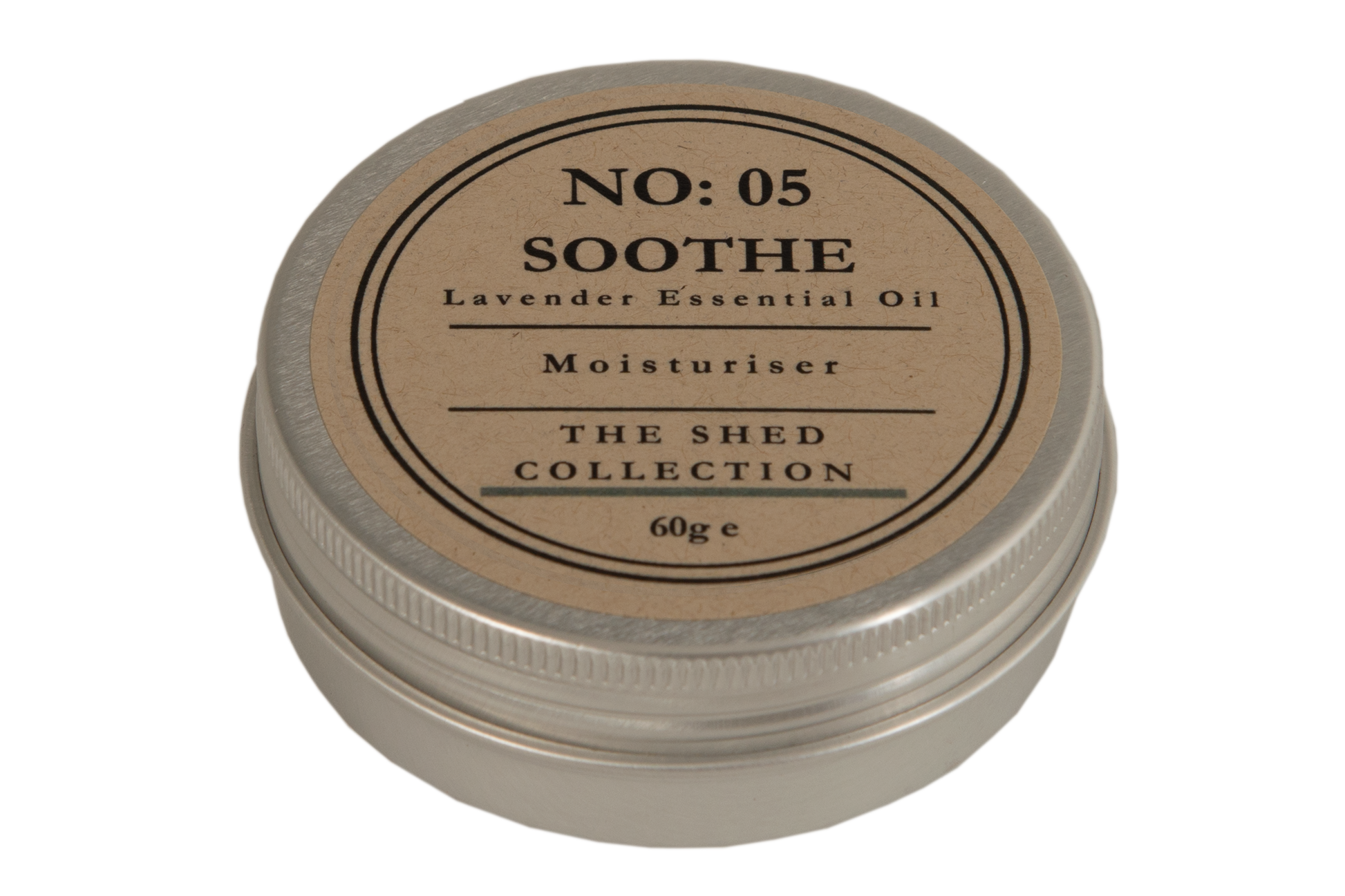 A round silver metal tin of 'Soothe' moisturizer by 'The Shed Collection' with a kraft paper label, shown on a plain white background.
