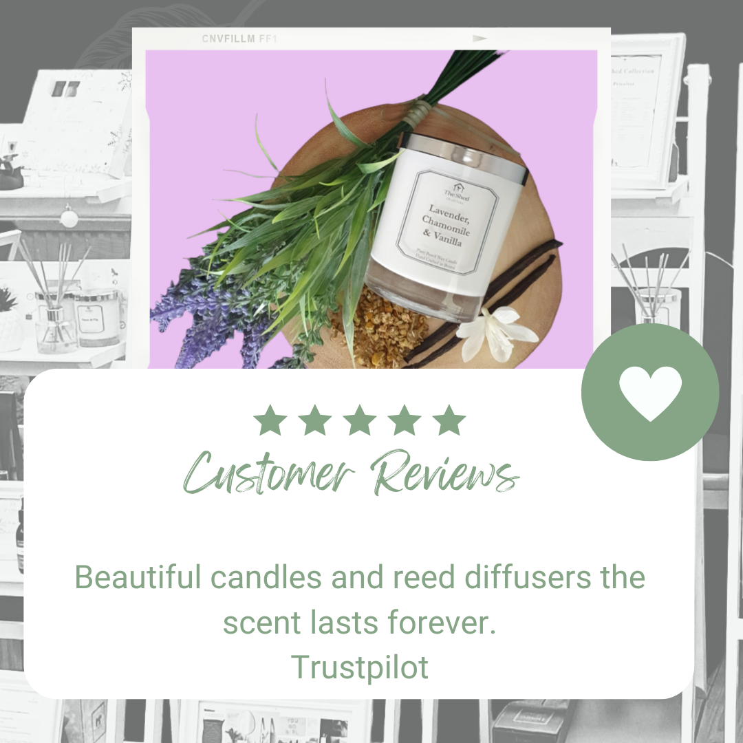 Candle with lavender, chamomile, and vanilla on a pink background, surrounded by The Shed Collection stand with Trustpilot customer review text.