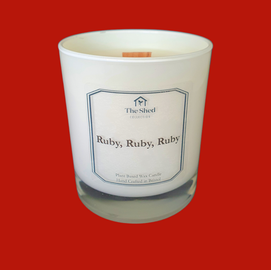 Candle in white tumble with wooden wick & Ruby Ruby Ruby on the label